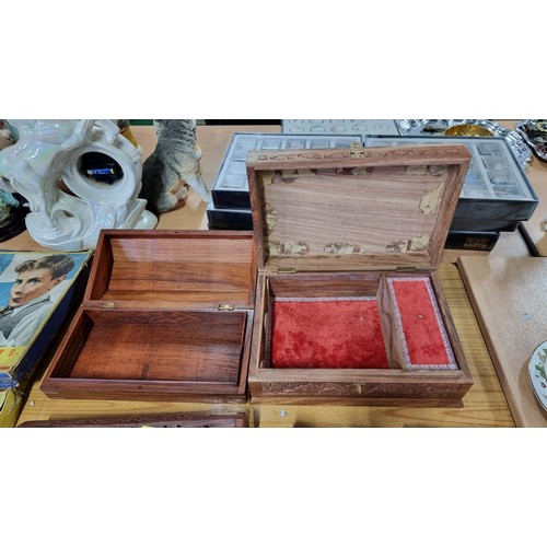 58 - Large quantity of Indian rose wood items inc a well carved box with floral design a brass bound box ... 