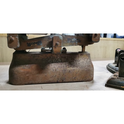 177 - Antique GPO weighing scales with Salter flat irons and a shoe last.