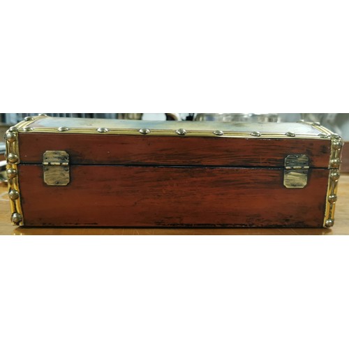 268 - Excellent quality hand painted lacquered wooden brass studded jewellery chest box. One hinge needs a... 