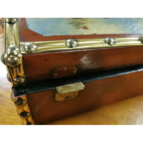 268 - Excellent quality hand painted lacquered wooden brass studded jewellery chest box. One hinge needs a... 