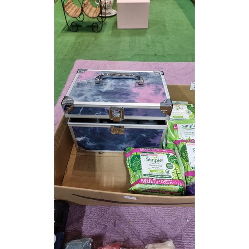 99 - Box of decorative odds and grooming items including new lockable vanity case, scented candles, scent... 