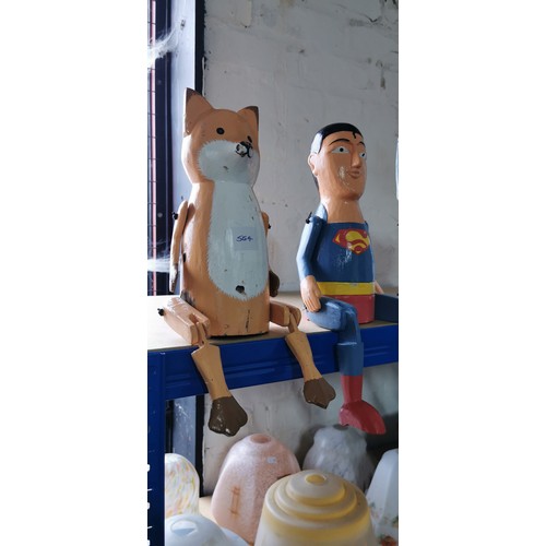 195 - 6x hand painted and articulated wooden character figures inc Superman, Fox, Elephant etc. Tallest me... 