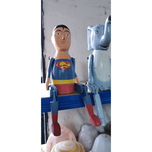 195 - 6x hand painted and articulated wooden character figures inc Superman, Fox, Elephant etc. Tallest me... 