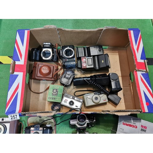 257 - A quantity of vintage cameras inc a Minolta dynax 500i, Minolta 7000, a collection Cobra flashes and... 