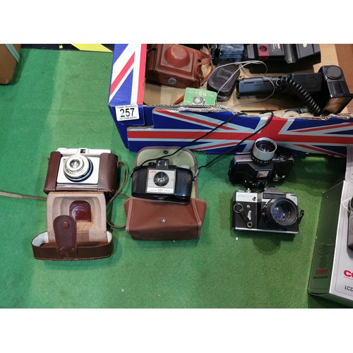 257 - A quantity of vintage cameras inc a Minolta dynax 500i, Minolta 7000, a collection Cobra flashes and... 