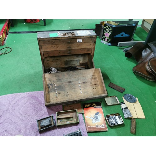 277 - Antique wooden printers chest containing a large quantity of various printing tools accessories and ... 