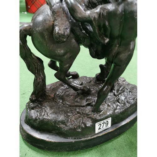 279 - A pair of spelter marley horses in overall good condition standing on wooden bases both are signed h... 