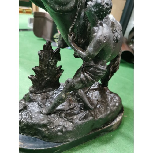 279 - A pair of spelter marley horses in overall good condition standing on wooden bases both are signed h... 