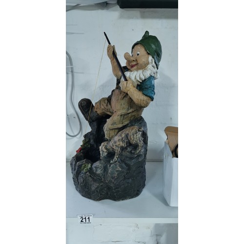 211 - Large fishing garden gnome with his dog rock water feature complete with power supply in good overal... 