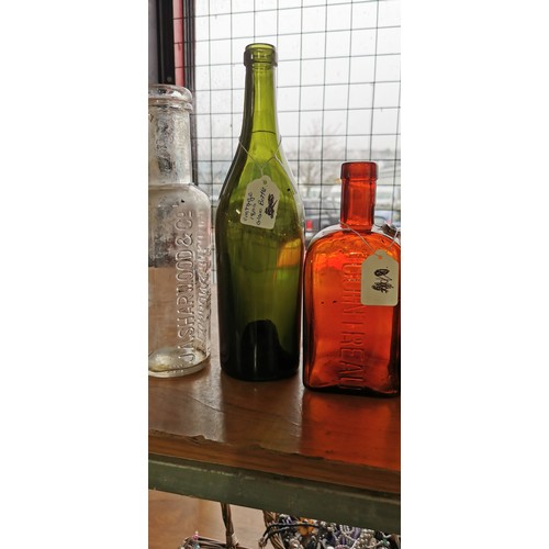 215 - 7x vintage collectable bottles inc Gordons cocktail shaker bottle, Kia-Ora glass bottle, 1800s green... 