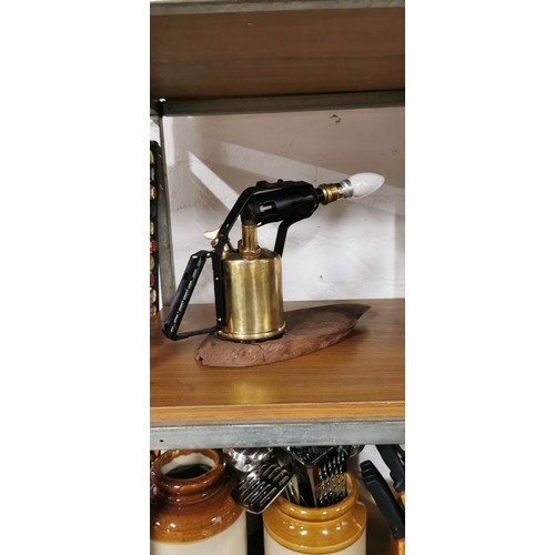 219 - Converted brass blow lamp / blow torch into a lamp attached to a wooden base along with vintage orig... 