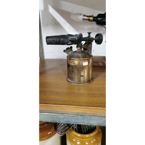 219 - Converted brass blow lamp / blow torch into a lamp attached to a wooden base along with vintage orig... 