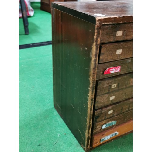 281 - 8 draw table top printers letterpress chest each draw is fitted, contains a large quantity of letter... 