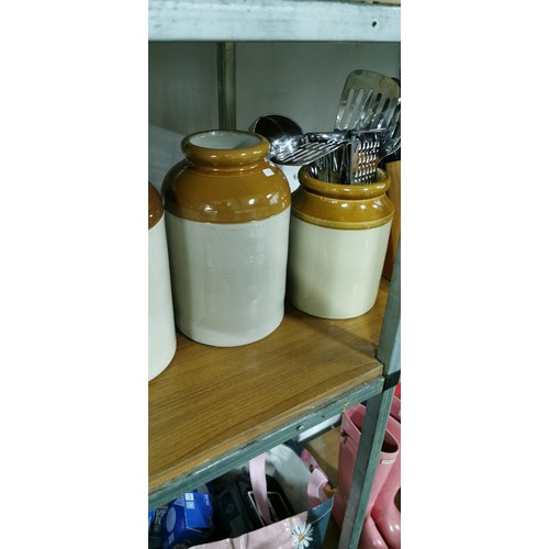 228 - 4x vintage glazed crock pots along with quantity of stainless-steel utensils and full kitchen knife ... 