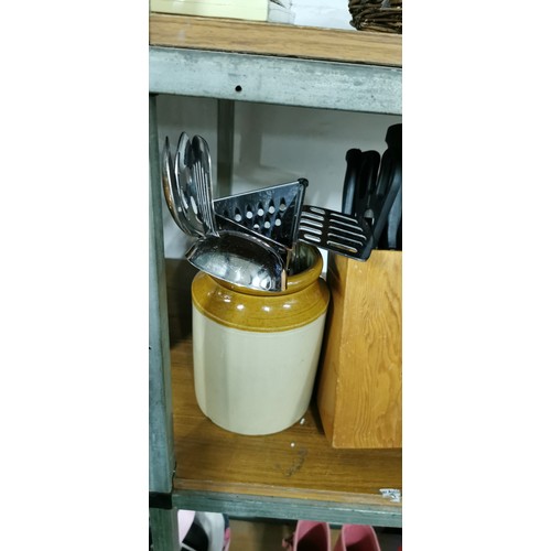 228 - 4x vintage glazed crock pots along with quantity of stainless-steel utensils and full kitchen knife ... 