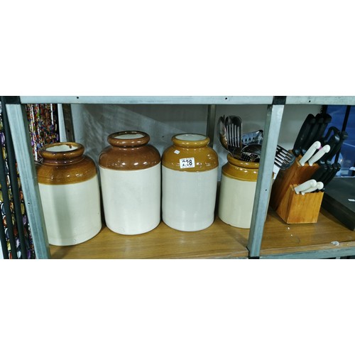 228 - 4x vintage glazed crock pots along with quantity of stainless-steel utensils and full kitchen knife ... 