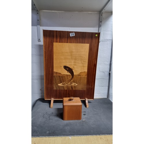 251 - Wooden marquetry  firescreen with a fly fishing sceen along with a solid wooden box with a hand pain... 