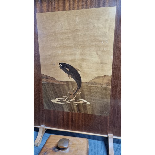 251 - Wooden marquetry  firescreen with a fly fishing sceen along with a solid wooden box with a hand pain... 