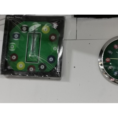 246 - Collection of 6x modern wall clocks inc 2 pool ball clocks, James Dean clock, Berty Basset etc.