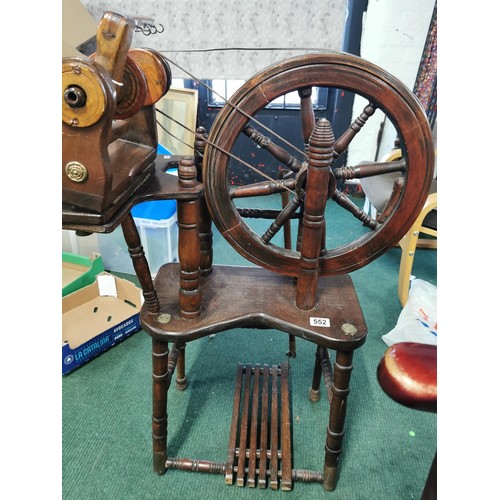 552 - Genuine antique English Rose spinning wheel in full working order complete with leather strapping, a... 