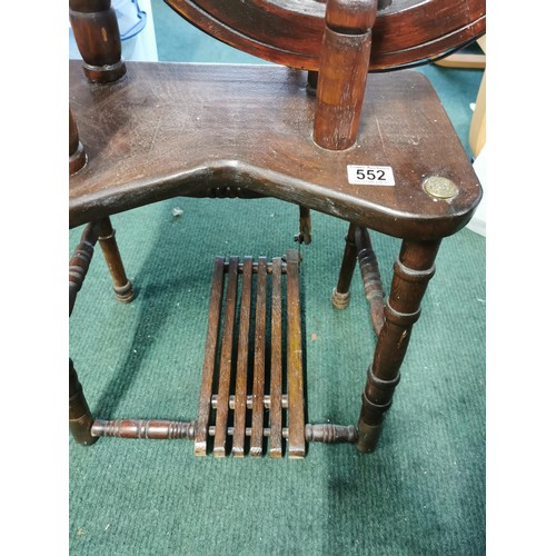 552 - Genuine antique English Rose spinning wheel in full working order complete with leather strapping, a... 