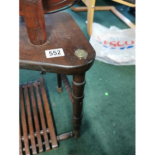 552 - Genuine antique English Rose spinning wheel in full working order complete with leather strapping, a... 