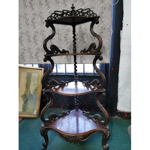 553 - Very ornate antique solid Burr Walnut 4 tier wotnot with scroll designs to the shelves and barley tw... 