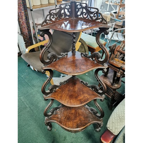 553 - Very ornate antique solid Burr Walnut 4 tier wotnot with scroll designs to the shelves and barley tw... 