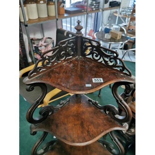 553 - Very ornate antique solid Burr Walnut 4 tier wotnot with scroll designs to the shelves and barley tw... 