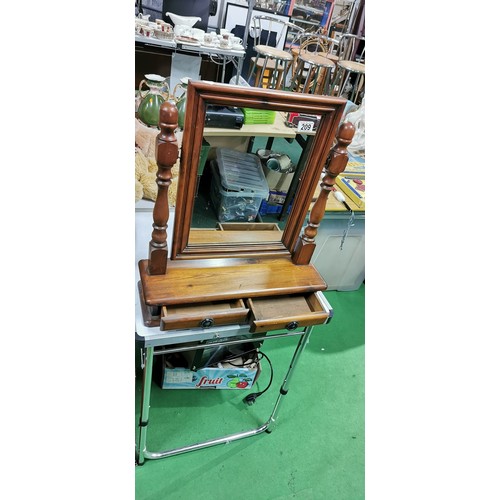 209 - Vintage tilting pine dressing table mirror with 2x small drawers to the base in good overall conditi... 