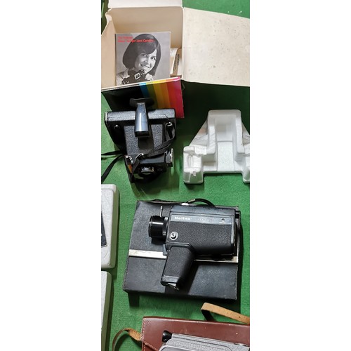 257A - box of various vintage cameras and camera accessories including 2 boxed polaroid cameras