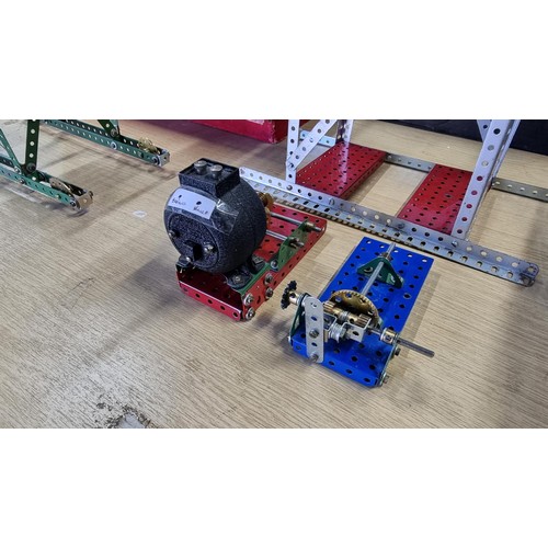 2 - Vintage assembled Meccano structure along with a vintage Meccano 20 volt motor and 1x other geared p... 