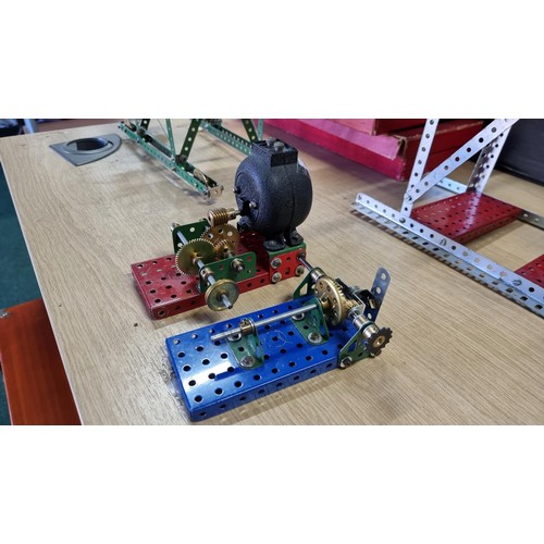2 - Vintage assembled Meccano structure along with a vintage Meccano 20 volt motor and 1x other geared p... 