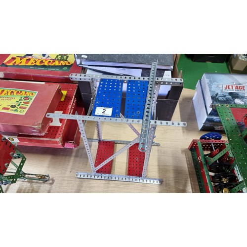 2 - Vintage assembled Meccano structure along with a vintage Meccano 20 volt motor and 1x other geared p... 