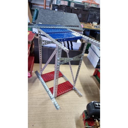 2 - Vintage assembled Meccano structure along with a vintage Meccano 20 volt motor and 1x other geared p... 