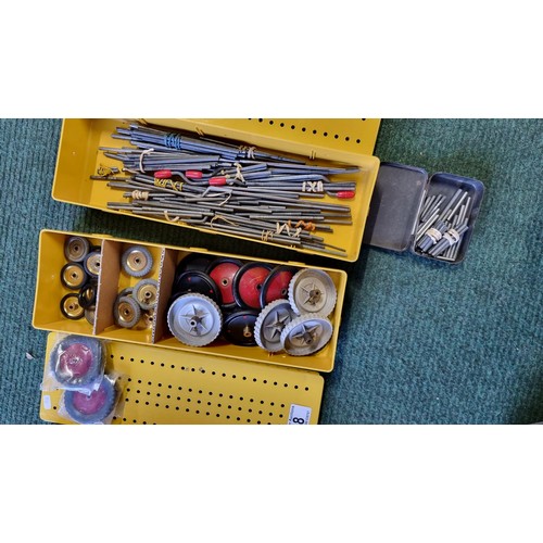 8 - 3x yellow metal  Meccano storage boxes containing pulleys, wheels and axle rods and crank handles al... 