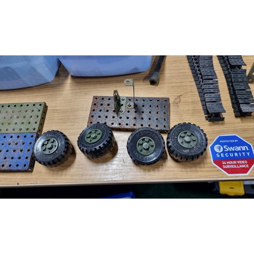 28 - 2x boxes of various Meccano parts inc Meccano wheels, tools, tracks etc along with a boxed Lego trai... 
