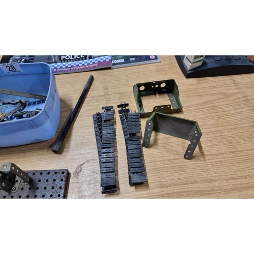 28 - 2x boxes of various Meccano parts inc Meccano wheels, tools, tracks etc along with a boxed Lego trai... 