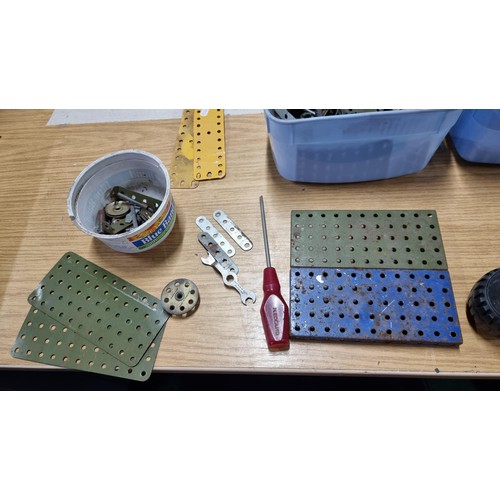 28 - 2x boxes of various Meccano parts inc Meccano wheels, tools, tracks etc along with a boxed Lego trai... 