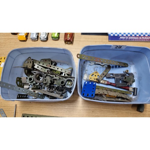 28 - 2x boxes of various Meccano parts inc Meccano wheels, tools, tracks etc along with a boxed Lego trai... 