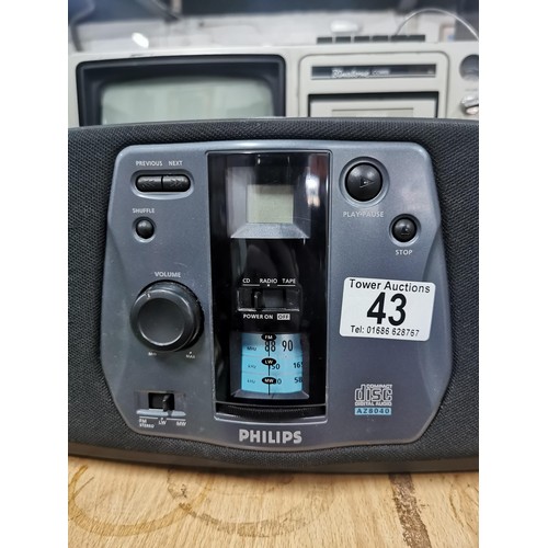 43 - Phillips Type AZ 8040 vintage Ghetto Blaster CD / Tape Radio player, 20w speakers, no power lead. Du... 