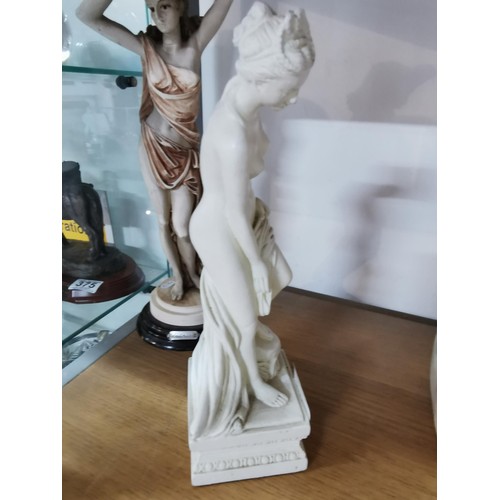 485 - Pair of resin female figures, one on a plinth.
Tallest measures 36cm high.