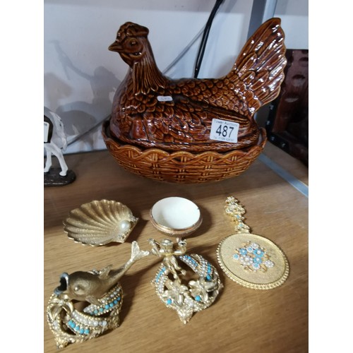487 - A Portmeirion oven to table chicken formed casserole dish along with a vintage 1960's set inc ornate... 