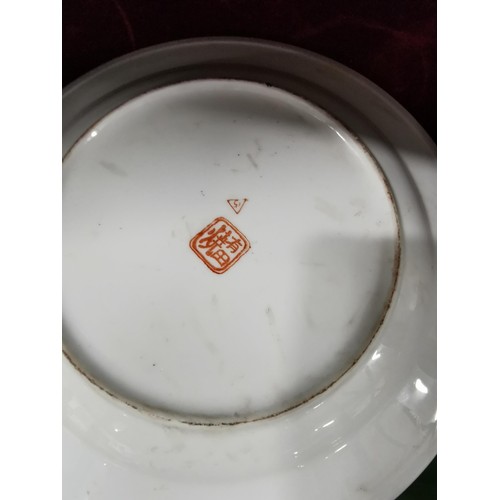 494 - A pair of Oriental plates, larger plate is hand decorated with oriental marks at the base, floral de... 