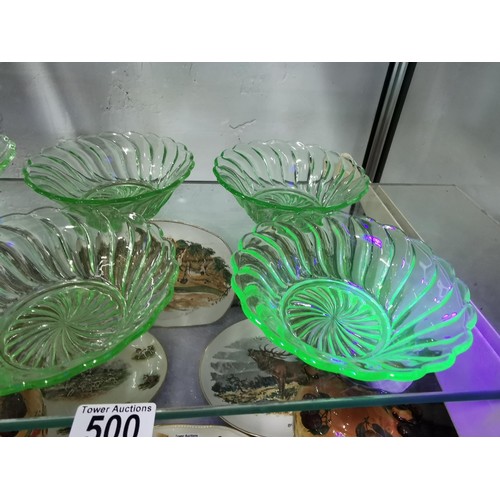 500 - A quantity of six dessert dishes with spiral design, uranium glass. Height 5cm Diameter 13cm.