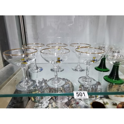 501 - A quantity of six babysham glasses all marked with the babysham symbol along with a pair of Gatsberg... 