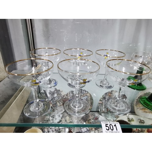 501 - A quantity of six babysham glasses all marked with the babysham symbol along with a pair of Gatsberg... 