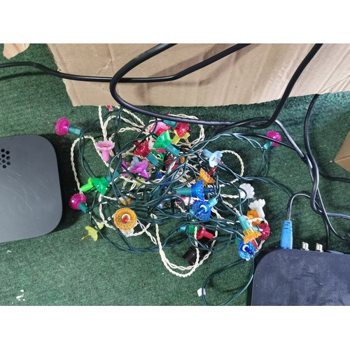 254 - A quantity of electrical items including electric cables, sky boxes an amazon AC clamp metre and a q... 