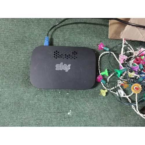 254 - A quantity of electrical items including electric cables, sky boxes an amazon AC clamp metre and a q... 