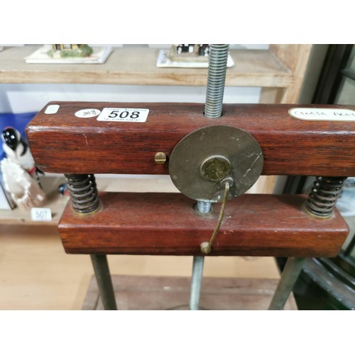 508 - A vintage mahogany cheese press in working order.
Height 47cm Length 40cm Depth 26cm.